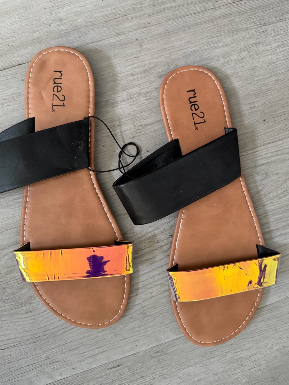 Rue21 Black Slide Sandals with Iridescent Orange-Yellow Strap